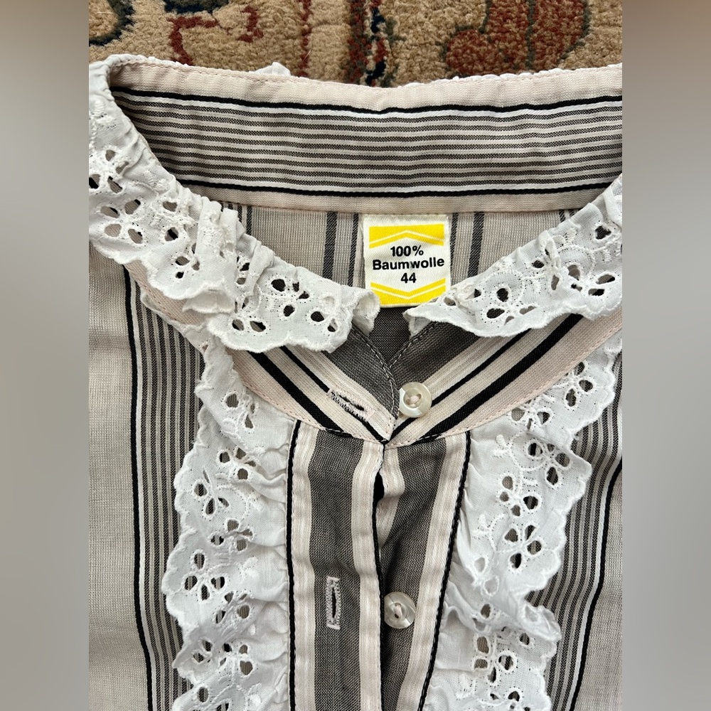 Striped Ruffled Front Button-Up Blouse - Neutral Stripes - Picture 4 of 5